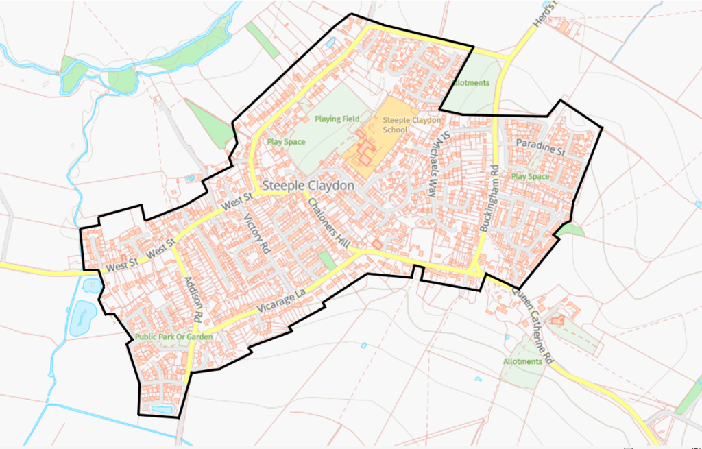 An indicative steeple claydon settlement boundary is shown, a black line is drawn around the village